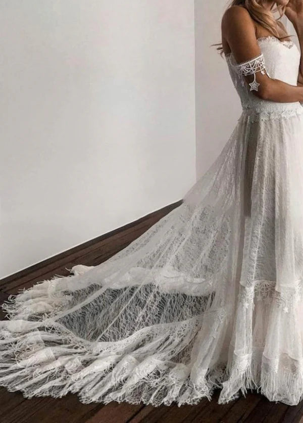 Beach Boho tassel Chic Lace Wedding Dress