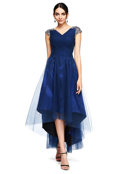 A-Line Open Back Dress Wedding Guest Asymmetrical Short Sleeve V Neck Tulle with Criss Cross Beading