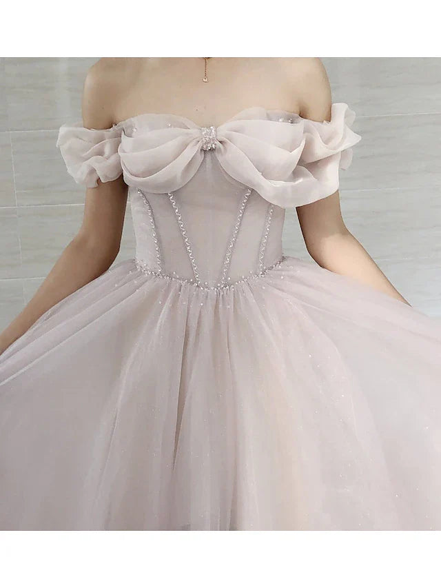 A-Line Prom Dresses Prom Sweep / Brush Train Short Sleeve Sweetheart Tulle with Pleats Beading