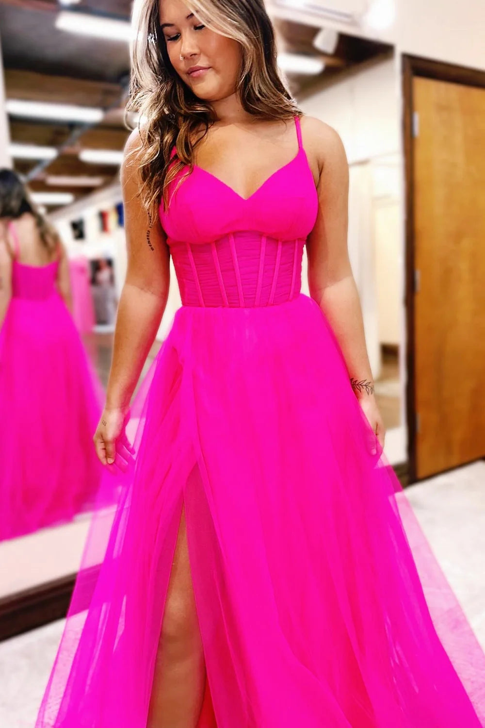 A-Line Long V-Neck Sheer Bodice Prom Dress