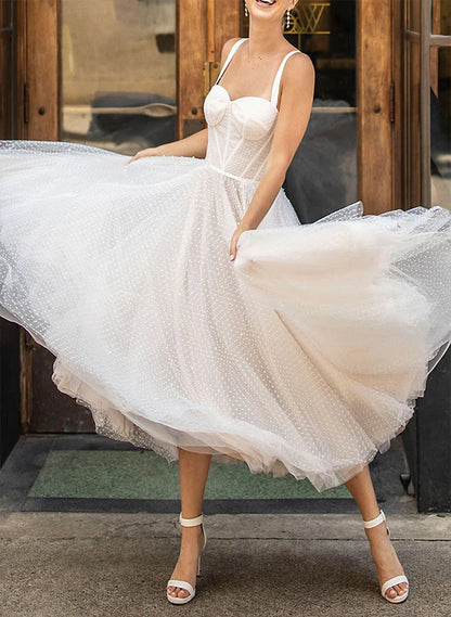 A-Line Sweetheart Sleeveless Tulle Tea Length Wedding Dresses