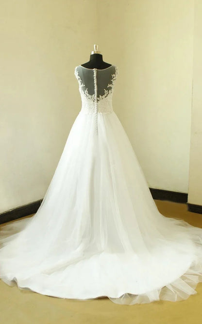 A-Line Neck Cap Sleeve Long Tulle Wedding Dress