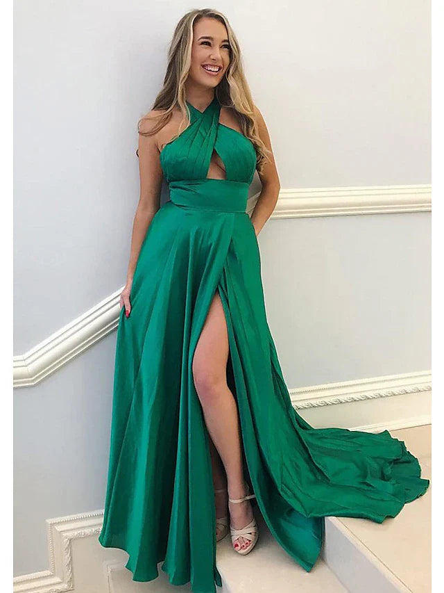 A-Line Prom Dresses Formal Court Train Sleeveless High Neck Imitation Silk Backless with Pleats