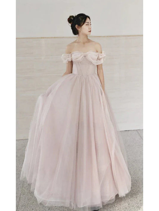 A-Line Prom Dresses Prom Sweep / Brush Train Short Sleeve Sweetheart Tulle with Pleats Beading