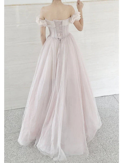 A-Line Prom Dresses Prom Sweep / Brush Train Short Sleeve Sweetheart Tulle with Pleats Beading