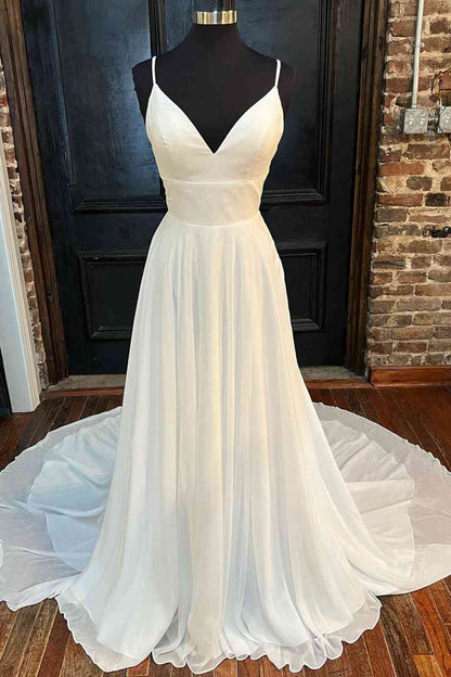 A-Line Lace Back V-Neck Long Wedding Dress