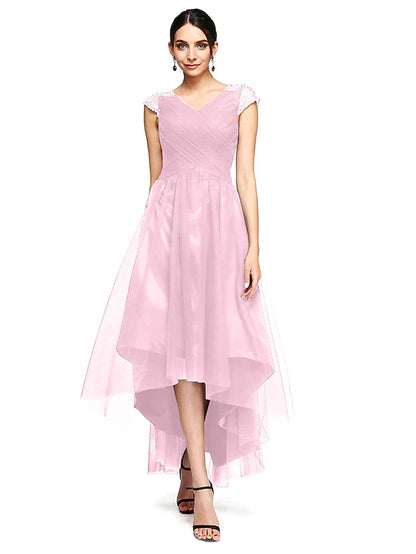 A-Line Open Back Dress Wedding Guest Asymmetrical Short Sleeve V Neck Tulle with Criss Cross Beading