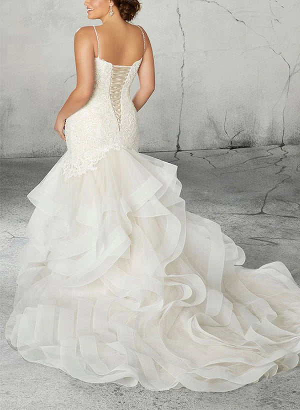 Plus Size Mermaid V-Neck Lace Wedding Dress With Applique & Ruffles
