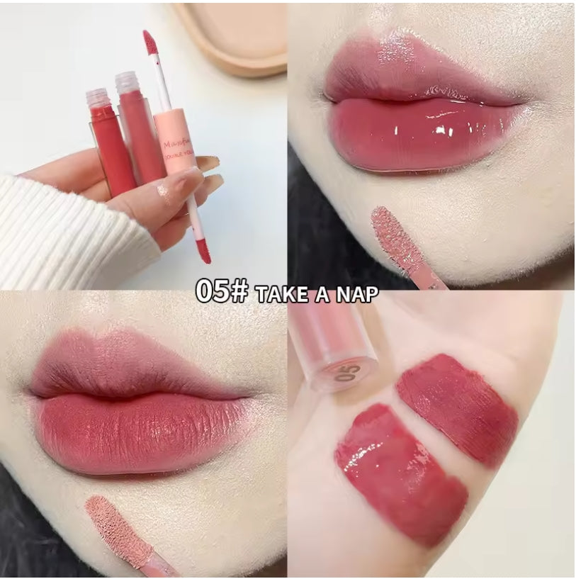 Double End Lip Glaze Full Gloss Mirror And Matte Velvet Long Term Color And Moisture Lip Gloss Anti Stain Cosmetic Lip Glaze