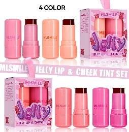 2PCS Jelly Lip&Cheek Tint Set 2 in1 Blush Lip Gloss Stick Hydrating Long-Lasting Refreshing Face Contouring Cream Stick