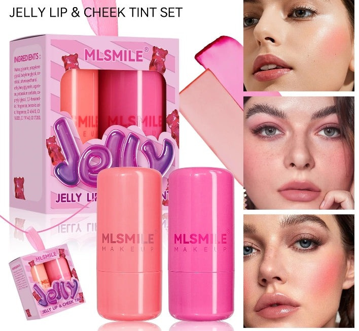 2PCS Jelly Lip&Cheek Tint Set 2 in1 Blush Lip Gloss Stick Hydrating Long-Lasting Refreshing Face Contouring Cream Stick