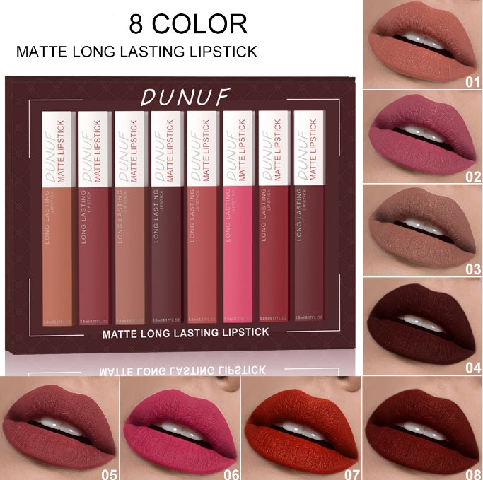 8 pcs matte color lasting lip gloss set three-dimensional plastic lips waterproof anti-sweat non-stick cup lipstick set