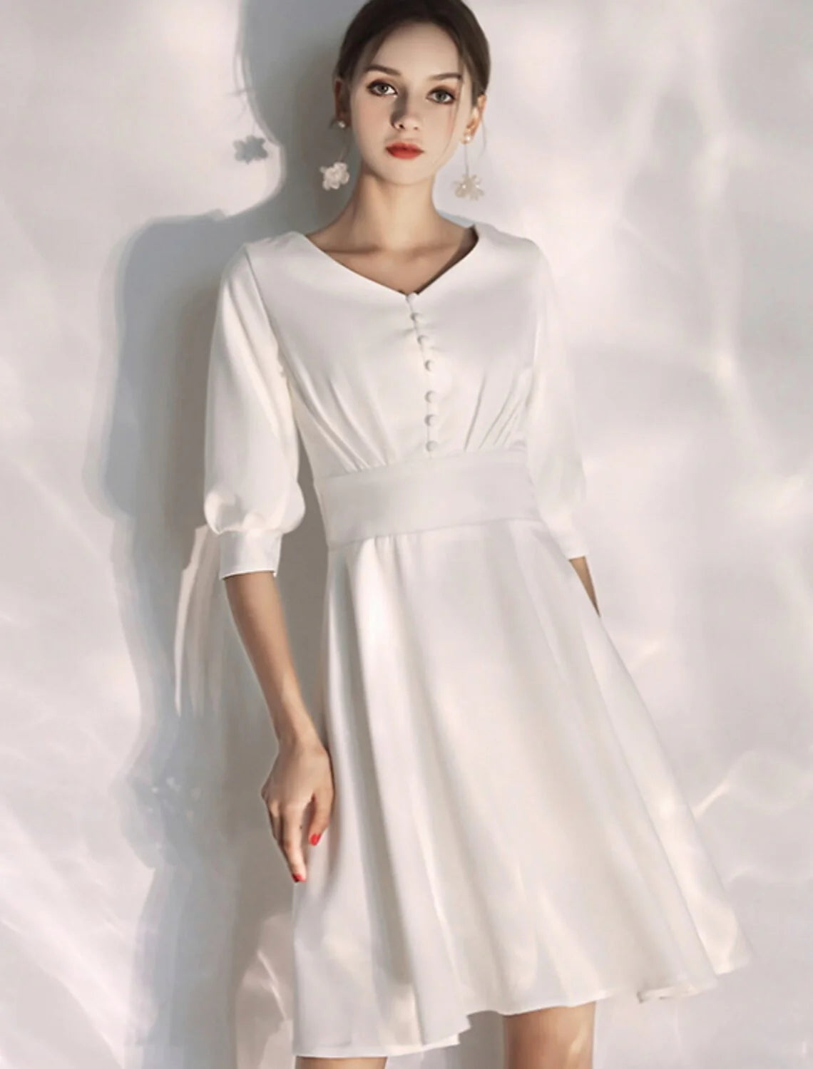Reception Little Dresses Wedding Dresses A-Line V Neck Half Sleeve Knee Length Stretch Fabric Bridal Gowns