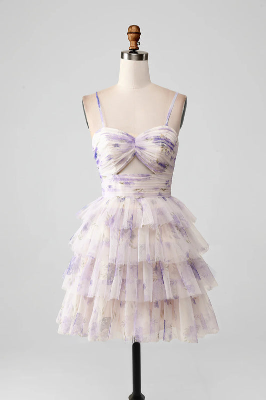 Flower A Line Spaghetti Straps Tiered Pleated Short Homecoming Dress