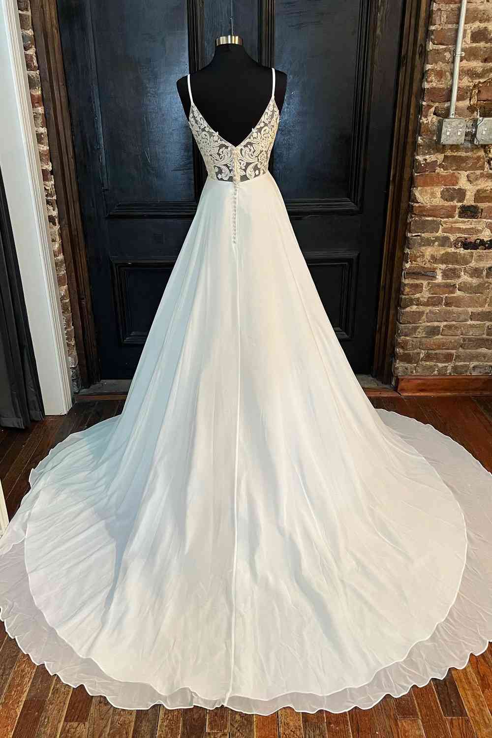 A-Line Lace Back V-Neck Long Wedding Dress