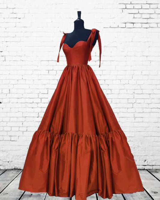 Burnt Orange Satin Ruffles Hem Dress With Bow