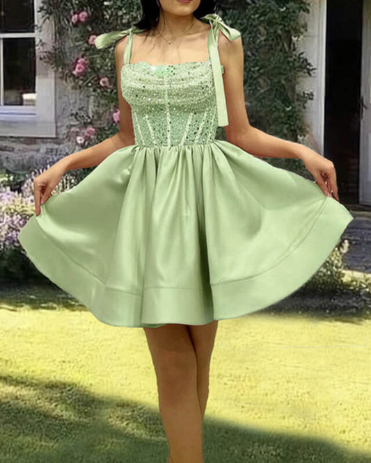 Short Sage Satin Sequin Beaded Homecoming Dress