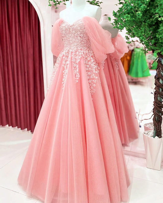 Blush Tulle A-line Off Shoulder Appliques Dress