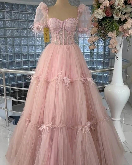 Pink Tiered Tulle Ball Gown Puffy Sleeves Dress