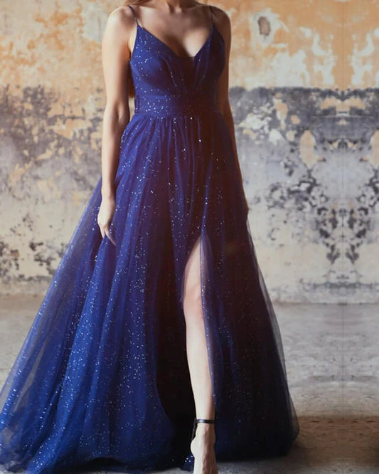 Gorgeous Sparkly Navy Blue Tulle V-Neck Split Dress: The Perfect Choice for Glamorous Events and Special Occasions