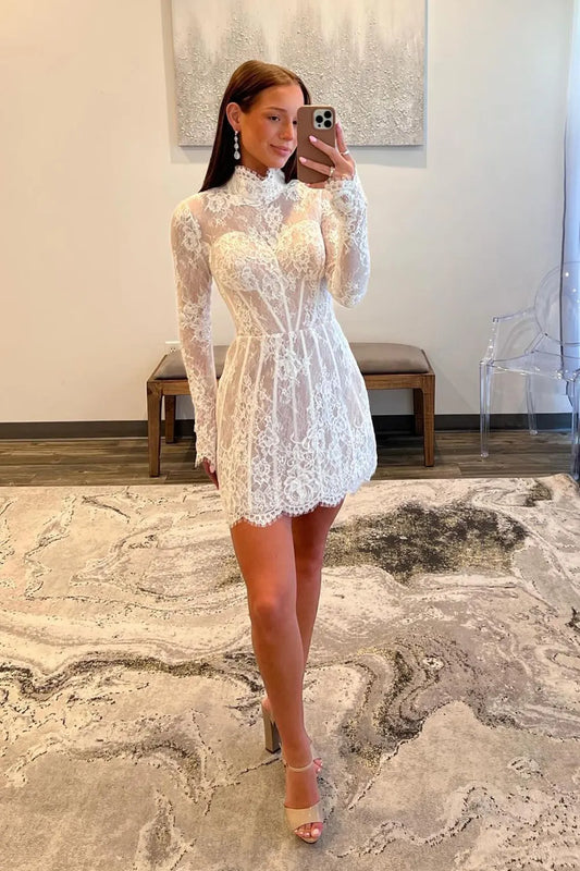 Lace High Neck Long Sleeves Short Homecoming Dress