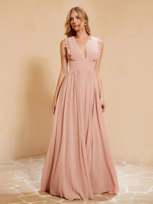 V-neck Ruffles Pleated Dress With Silt Dusty Rose