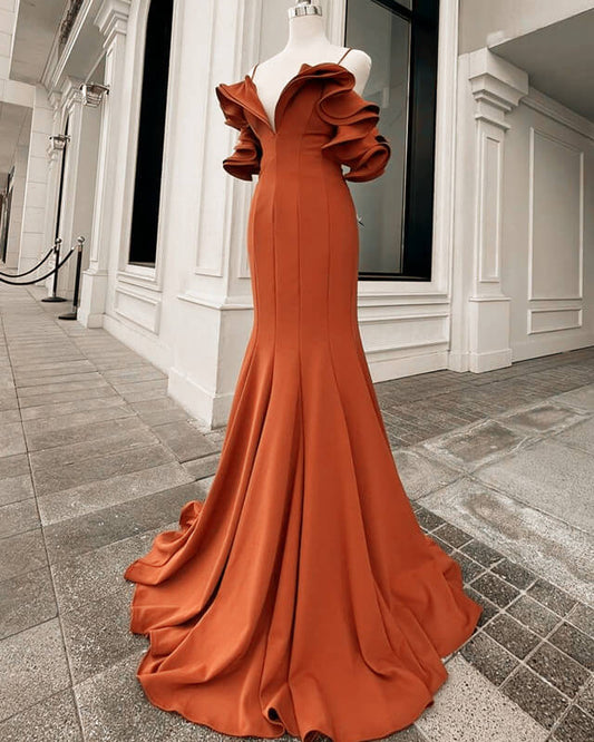 Stunning Mermaid Burnt Orange Ruffles Off Shoulder Dress for Elegant Evenings