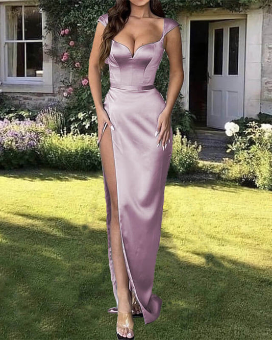 Elegant Mauve Satin Dress with Spaghetti Straps for Stylish Evenings and Events