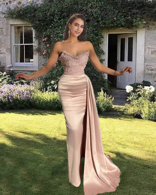 Gorgeous Beaded Strapless Satin Dress for Glamorous Evenings and Special Celebrations