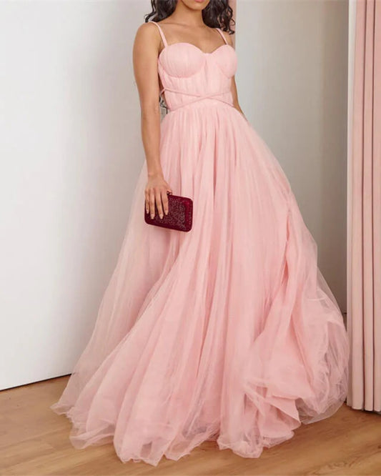 Delicate Long Pink Tulle Corset Top Dress for Enchanting Occasions and Special Events