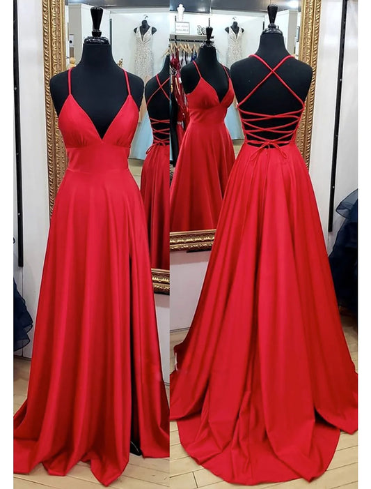 A-Line Prom Dresses Formal Court Train Sleeveless V Neck Charmeuse Backless with Pleats Slit