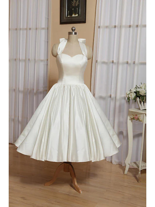 Bridal Shower Little Dresses Wedding Dresses Tea Length A-Line Sleeveless Halter Satin With Bow(s) Pleats