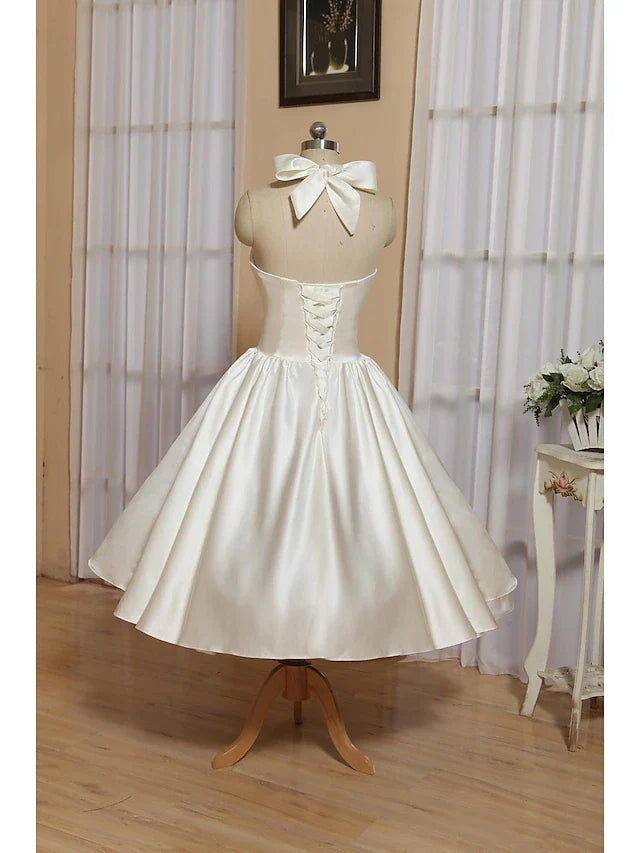 Bridal Shower Little Dresses Wedding Dresses Tea Length A-Line Sleeveless Halter Satin With Bow(s) Pleats