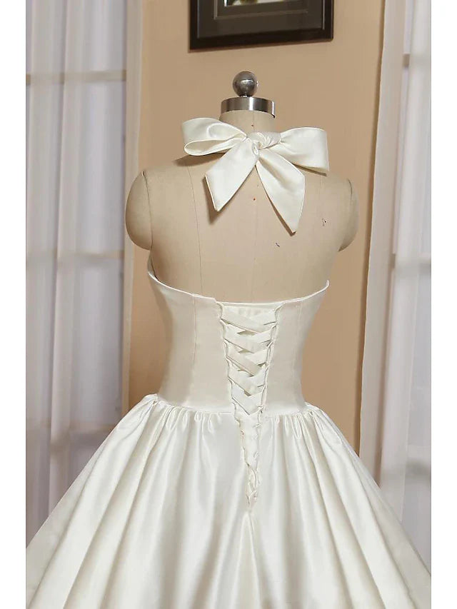 Bridal Shower Little Dresses Wedding Dresses Tea Length A-Line Sleeveless Halter Satin With Bow(s) Pleats