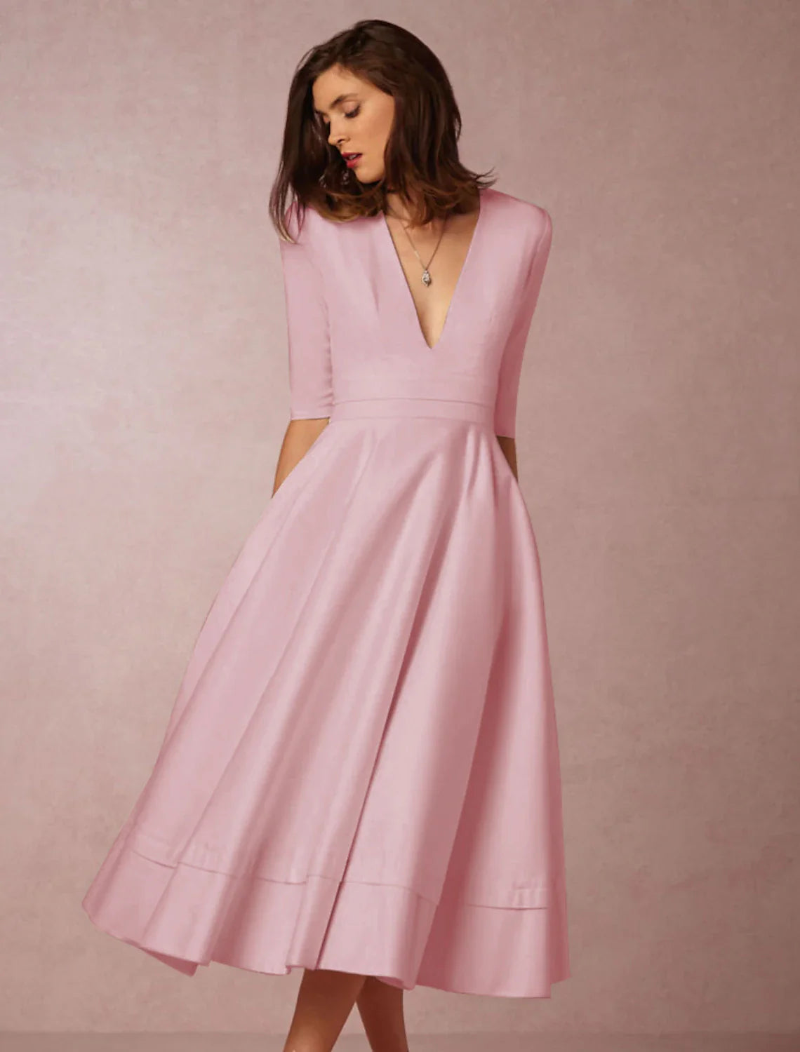 A-Line Special Occasion Dresses Party Dress Holiday Wedding Guest Tea Length Half Sleeve V Neck Pocket