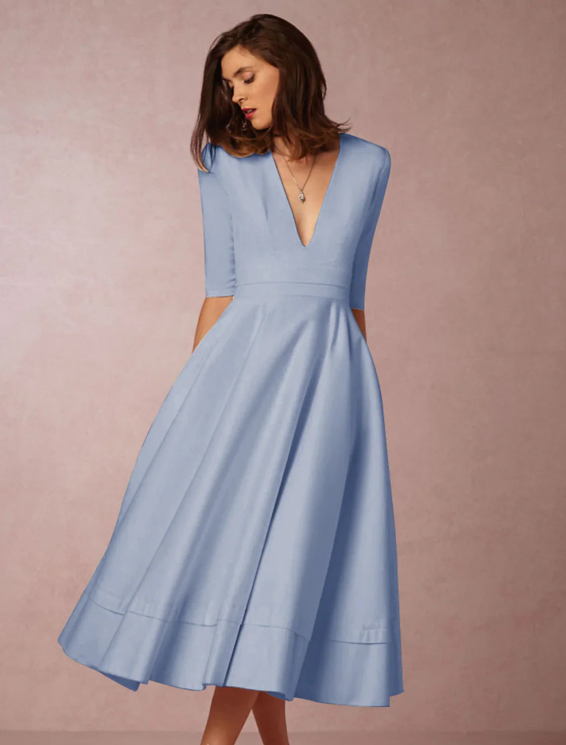 A-Line Special Occasion Dresses Party Dress Holiday Wedding Guest Tea Length Half Sleeve V Neck Pocket