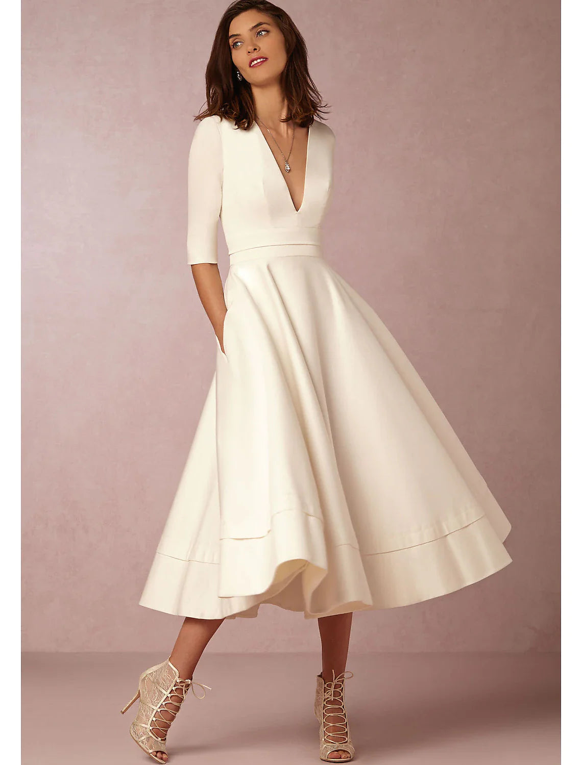 A-Line Special Occasion Dresses Party Dress Holiday Wedding Guest Tea Length Half Sleeve V Neck Pocket
