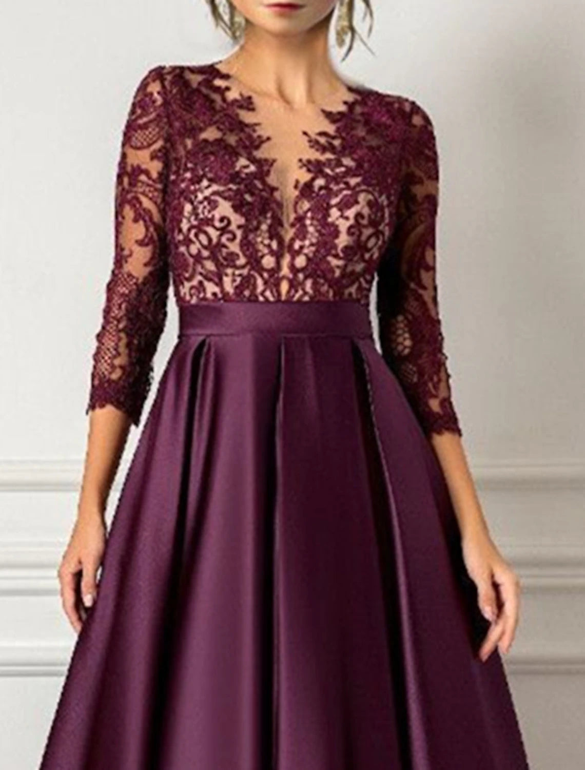 A-Line Evening Gown Elegant Dress Formal Wedding Guest Floor Length 3/4 Length Sleeve V Neck Satin with Pleats Sequin 2024