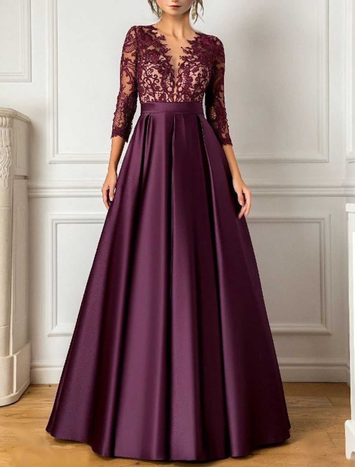 A-Line Evening Gown Elegant Dress Formal Wedding Guest Floor Length 3/4 Length Sleeve V Neck Satin with Pleats Sequin 2024