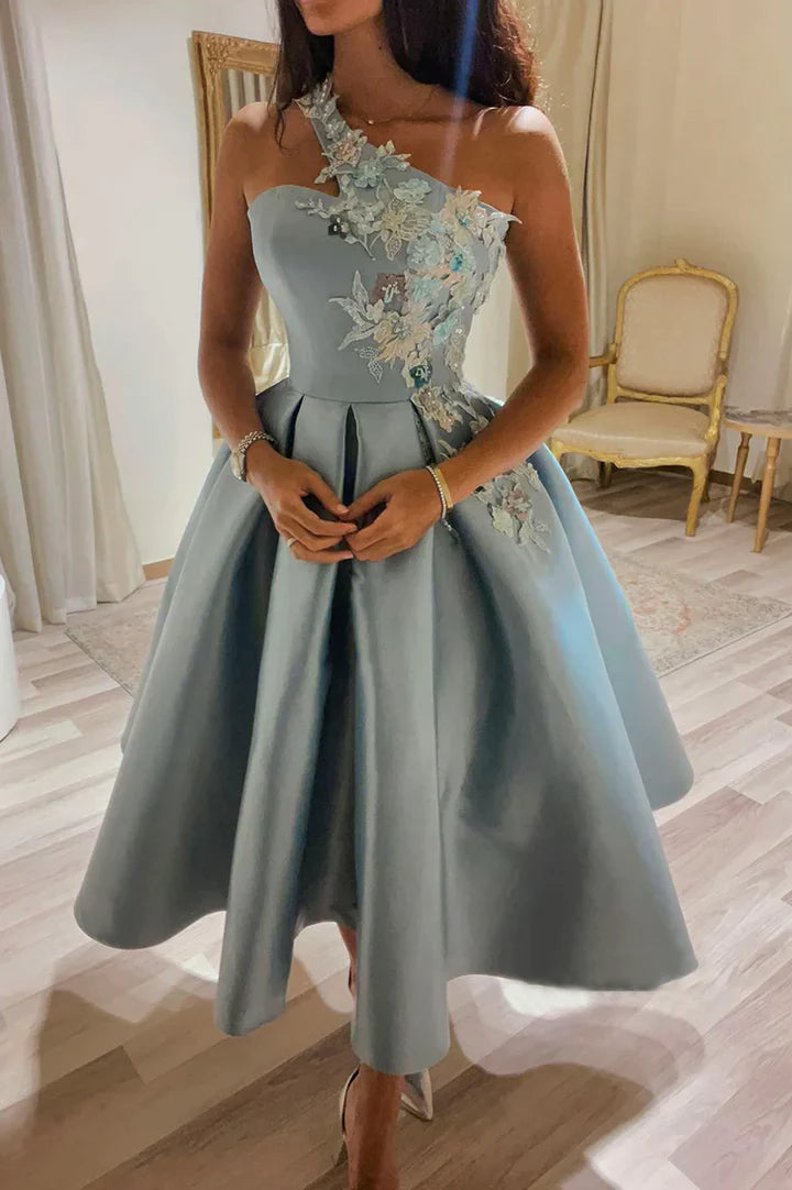 A-Line Party DressOne Shoulder Satin Ankle-length Prom Dresses With Appliques