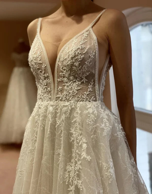 A Line Straps Ivory Long Wedding Dresses