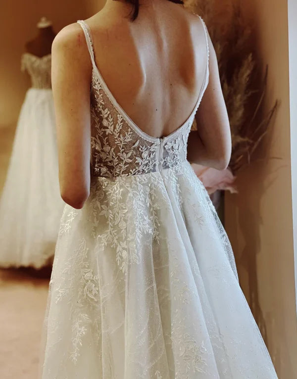 A Line Straps Ivory Long Wedding Dresses