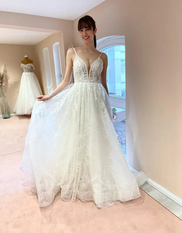 A Line Straps Ivory Long Wedding Dresses
