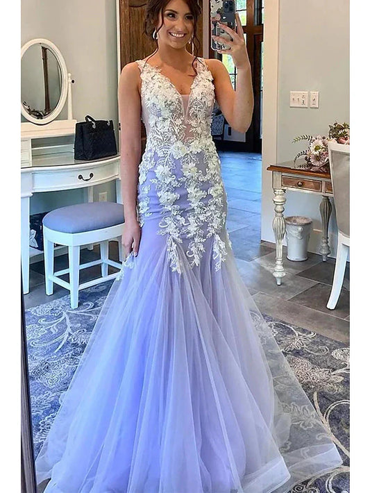 Mermaid / Trumpet Prom Dresses Formal Sweep / Brush Train Sleeveless V Neck Tulle with Ruffles Appliques