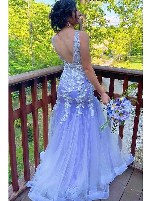 Mermaid / Trumpet Prom Dresses Formal Sweep / Brush Train Sleeveless V Neck Tulle with Ruffles Appliques