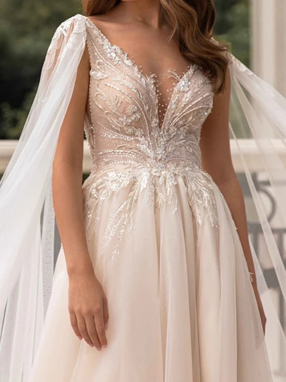 A-Line V-Neck Floor-Length Wedding Dress