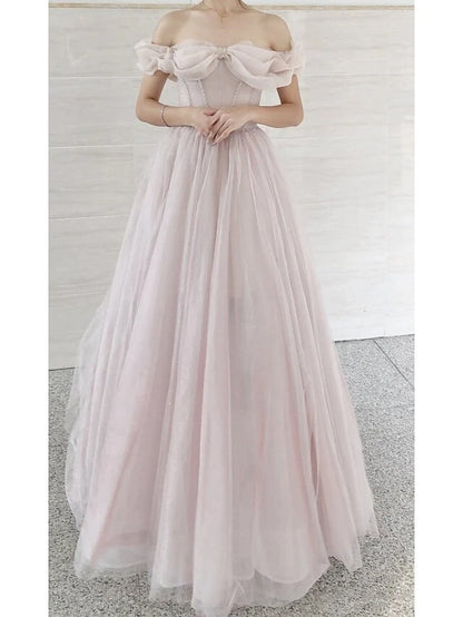 A-Line Prom Dresses Prom Sweep / Brush Train Short Sleeve Sweetheart Tulle with Pleats Beading