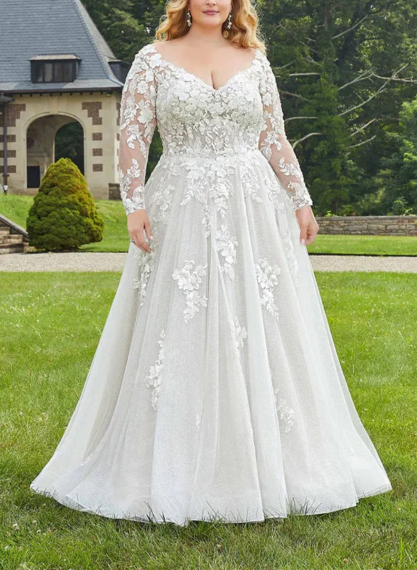 Plus Size A-Line V-Neck Long Sleeves Lace Wedding Dress