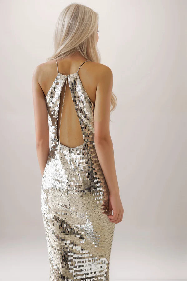 Sexy draping neck keyhole back sequin mesh sheath cocktail party dress