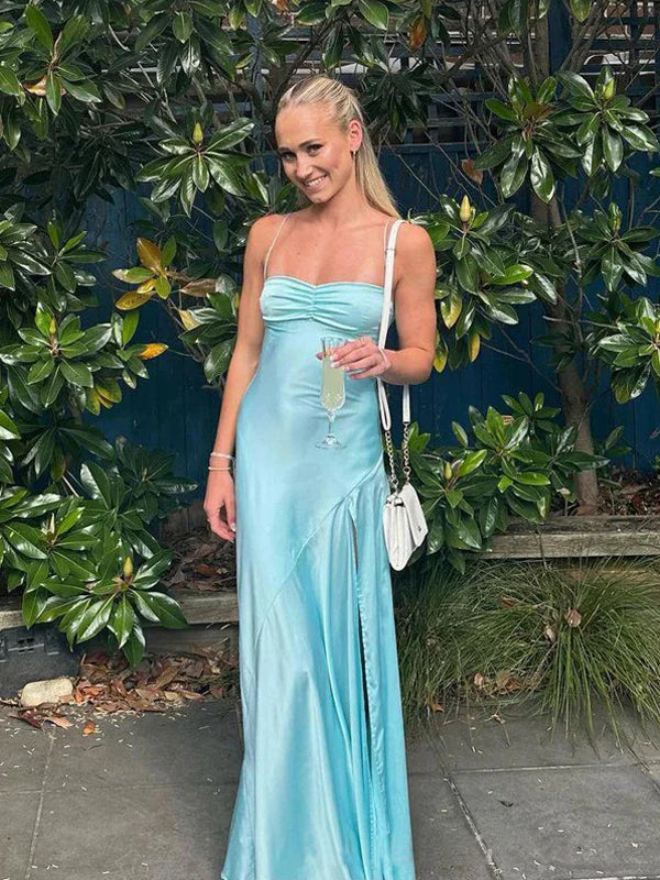 Simple Blue Sheath Side Slit Party Prom Dresses Evening Dresses